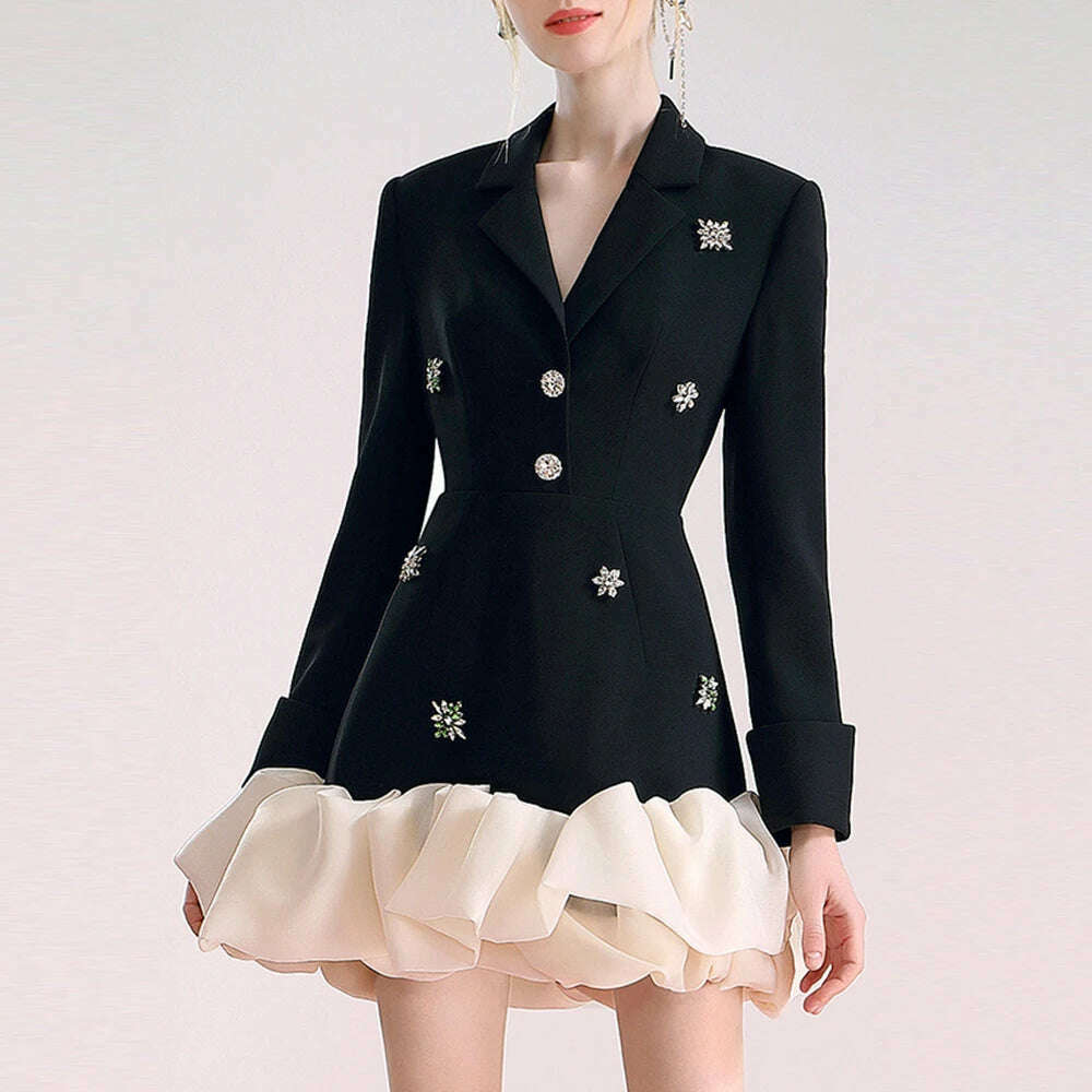 KIMLUD, TWOTWINSTYLE Colorblock Patchwork Diamonds Elegant Dresses For Women V Neck Long Sleeve High Waist Spliced Organza Dress Female, KIMLUD Womens ClothesKIMLUD, TWOTWINSTYLE Colorblock Patchwork Diamonds Elegant Dresses For Women V Neck Long Sleeve High Waist Spliced Organza Dress Female, BLACK / XL, KIMLUD APPAREL - Womens Clothes