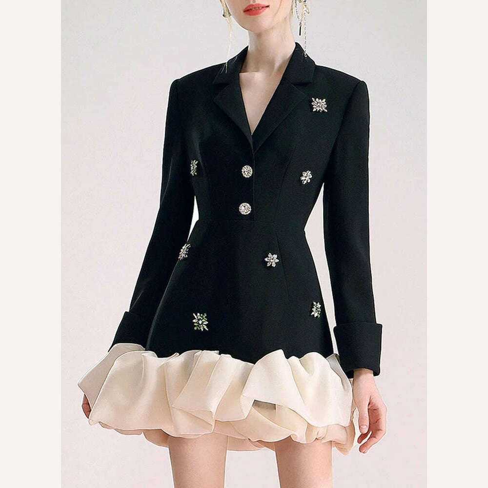 KIMLUD, TWOTWINSTYLE Colorblock Patchwork Diamonds Elegant Dresses For Women V Neck Long Sleeve High Waist Spliced Organza Dress Female, KIMLUD Womens Clothes