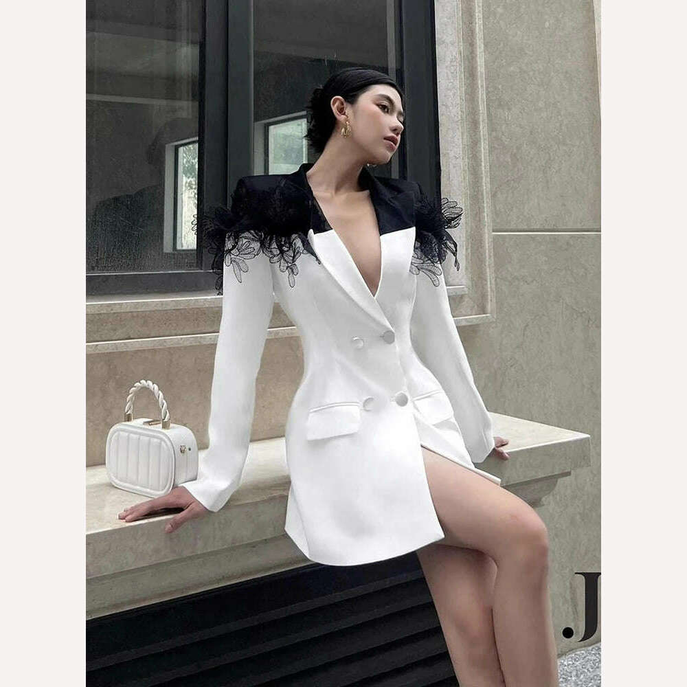 KIMLUD, TWOTWINSTYLE Colorblock Temperament Blazers For Women Notched Collar Long Sleeve Patchwork Double Breasted Slim Blazer Female, KIMLUD Womens Clothes