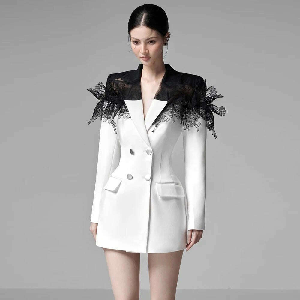 KIMLUD, TWOTWINSTYLE Colorblock Temperament Blazers For Women Notched Collar Long Sleeve Patchwork Double Breasted Slim Blazer Female, KIMLUD Womens ClothesKIMLUD, TWOTWINSTYLE Colorblock Temperament Blazers For Women Notched Collar Long Sleeve Patchwork Double Breasted Slim Blazer Female, WHITE / S, KIMLUD APPAREL - Womens Clothes