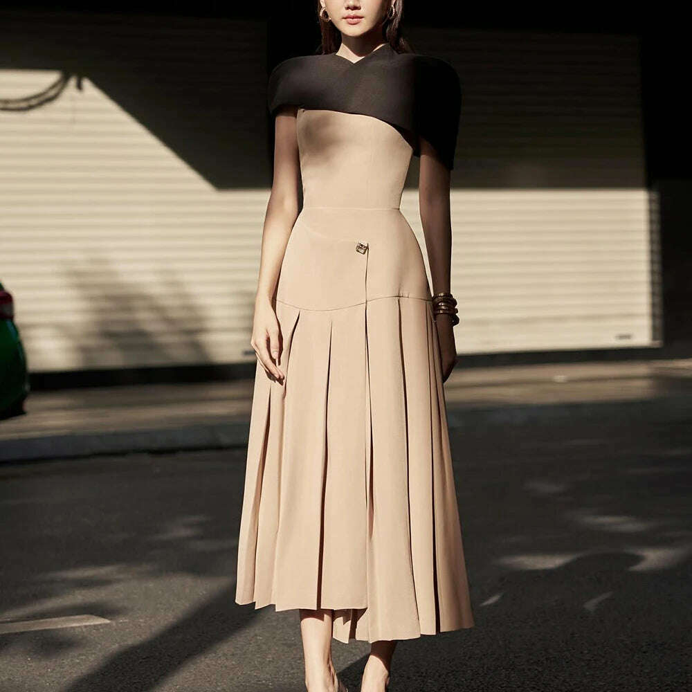 TWOTWINSTYLE Detachable Cloak Dresses For Women Square Collar Sleeveless High  Waist Hit Color Patchwork Folds Dress Female New