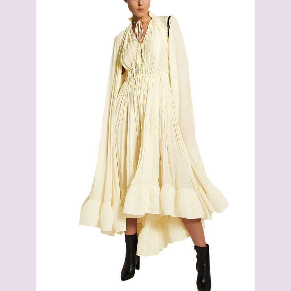 KIMLUD, TWOTWINSTYLE Elegant Solid Dresses For Women V Neck Cloak Sleeves High Waist Spliced Lace Up Ruffles Pleated Dress Female Summer, KIMLUD Womens Clothes