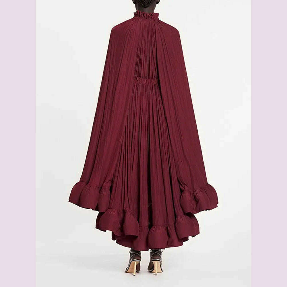KIMLUD, TWOTWINSTYLE Elegant Solid Dresses For Women V Neck Cloak Sleeves High Waist Spliced Lace Up Ruffles Pleated Dress Female Summer, KIMLUD Womens Clothes