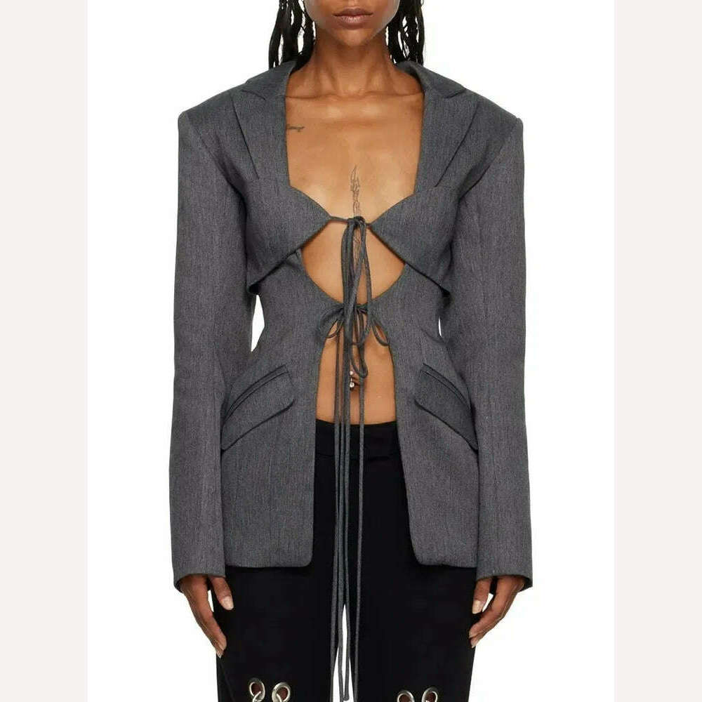 KIMLUD, TWOTWINSTYLE Hollow Out Irregular Blazer For Women Notched Collar Long Sleeve Patchwork Lace Up Temperament Blazers Female New, GRAY / L, KIMLUD APPAREL - Womens Clothes