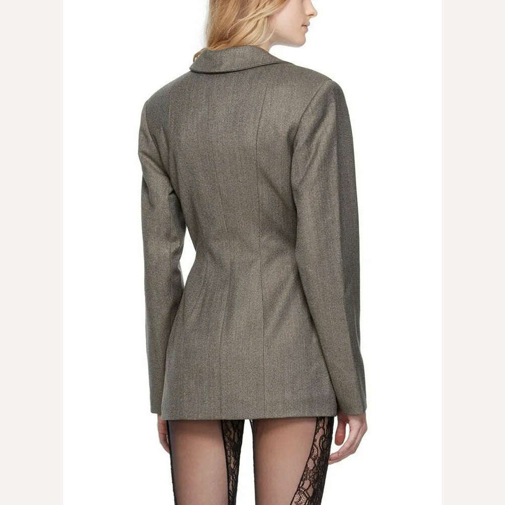 KIMLUD, TWOTWINSTYLE Hollow Out Irregular Blazer For Women Notched Collar Long Sleeve Patchwork Lace Up Temperament Blazers Female New, KIMLUD Womens Clothes