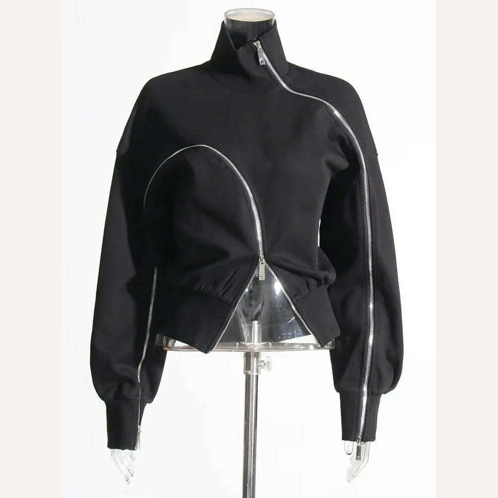 KIMLUD, TWOTWINSTYLE Minimalist Casual Sweatshirts For Women Turtleneck Long Sleeve Patchwork Zipper Streetwear Sweatshirt Female Style, KIMLUD Womens Clothes