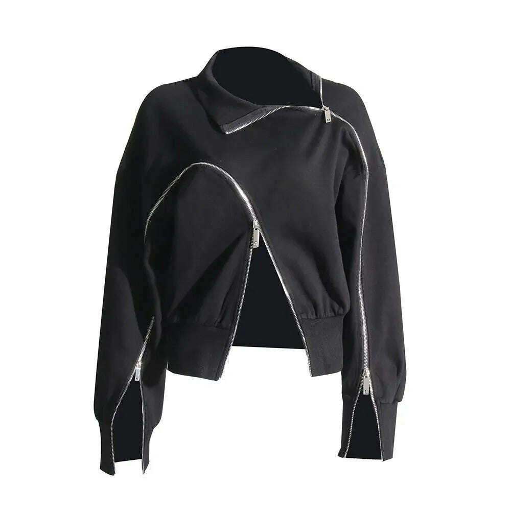 KIMLUD, TWOTWINSTYLE Minimalist Casual Sweatshirts For Women Turtleneck Long Sleeve Patchwork Zipper Streetwear Sweatshirt Female Style, BLACK / S, KIMLUD APPAREL - Womens Clothes