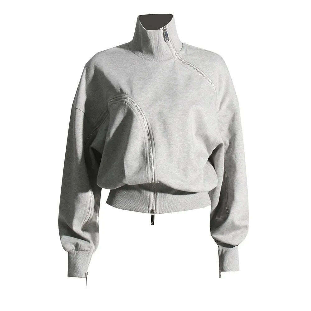 KIMLUD, TWOTWINSTYLE Minimalist Casual Sweatshirts For Women Turtleneck Long Sleeve Patchwork Zipper Streetwear Sweatshirt Female Style, GRAY / S, KIMLUD Womens Clothes