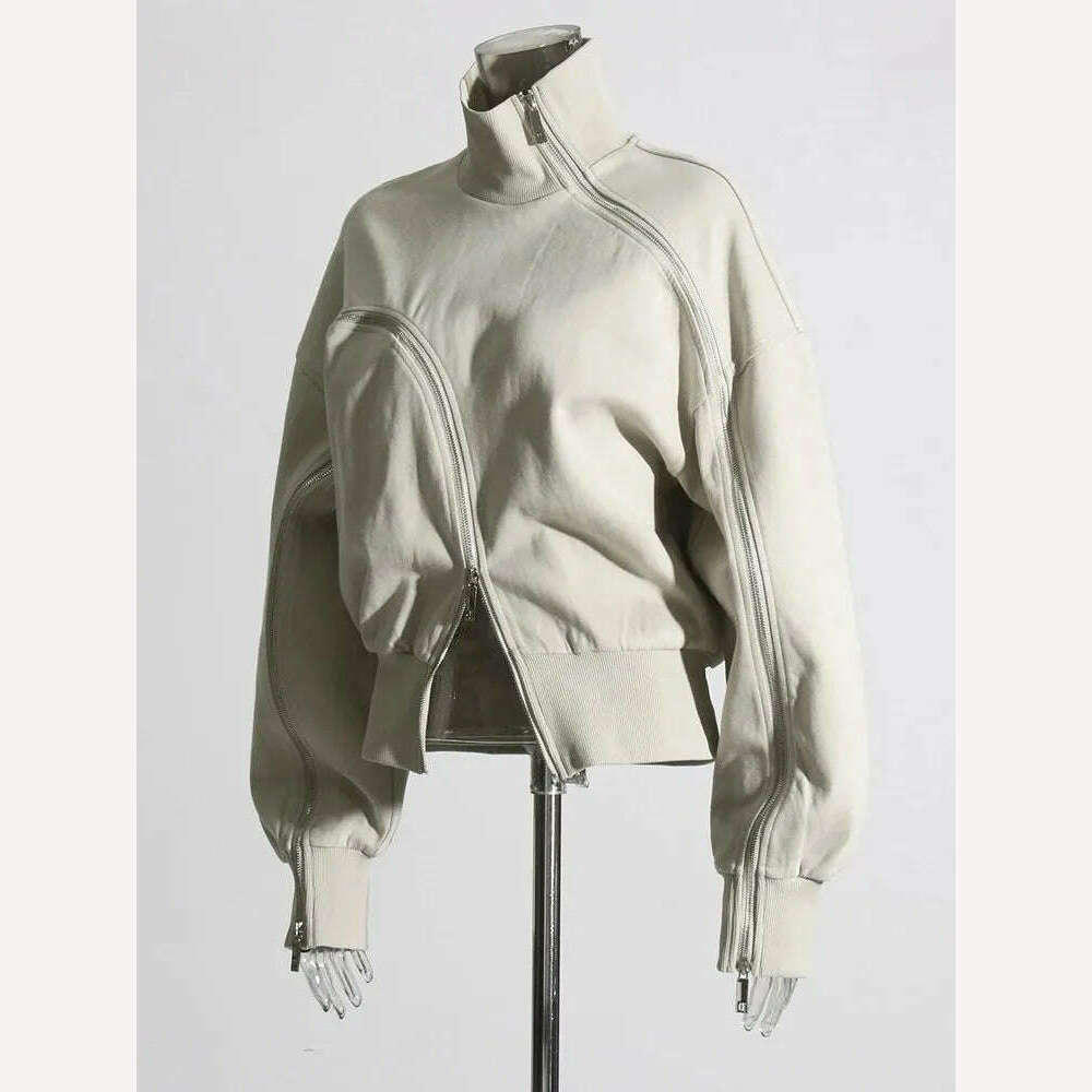 KIMLUD, TWOTWINSTYLE Minimalist Casual Sweatshirts For Women Turtleneck Long Sleeve Patchwork Zipper Streetwear Sweatshirt Female Style, KIMLUD Womens Clothes