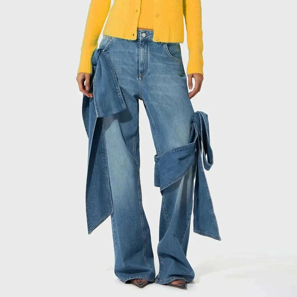 TWOTWINSTYLE Patchwork Bownot Designer Denim Pants For Women High Waist Spliced Pockets Loose Streetwear Jeans Female Fashion - KIMLUD