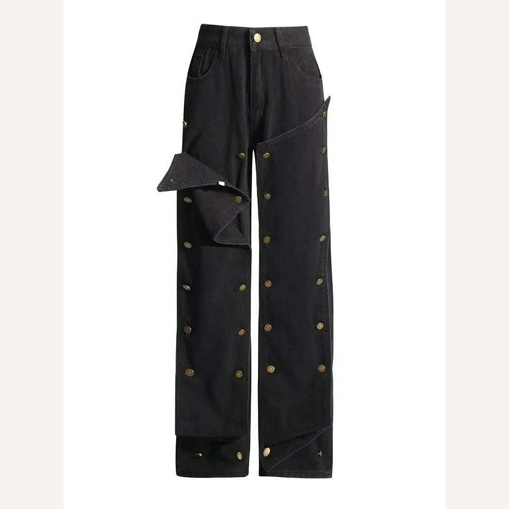 TWOTWINSTYLE Patchwork Button Detachable Denim Pant For Women High Waist Spliced Pocket Chic Straight Jeans Female Fashion New - KIMLUD