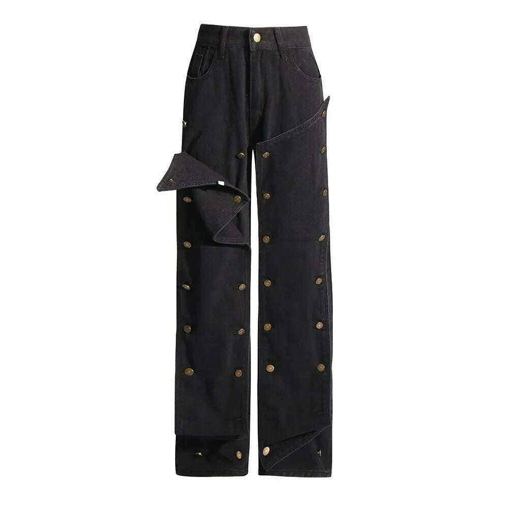 TWOTWINSTYLE Patchwork Button Detachable Denim Pant For Women High Waist Spliced Pocket Chic Straight Jeans Female Fashion New - KIMLUD