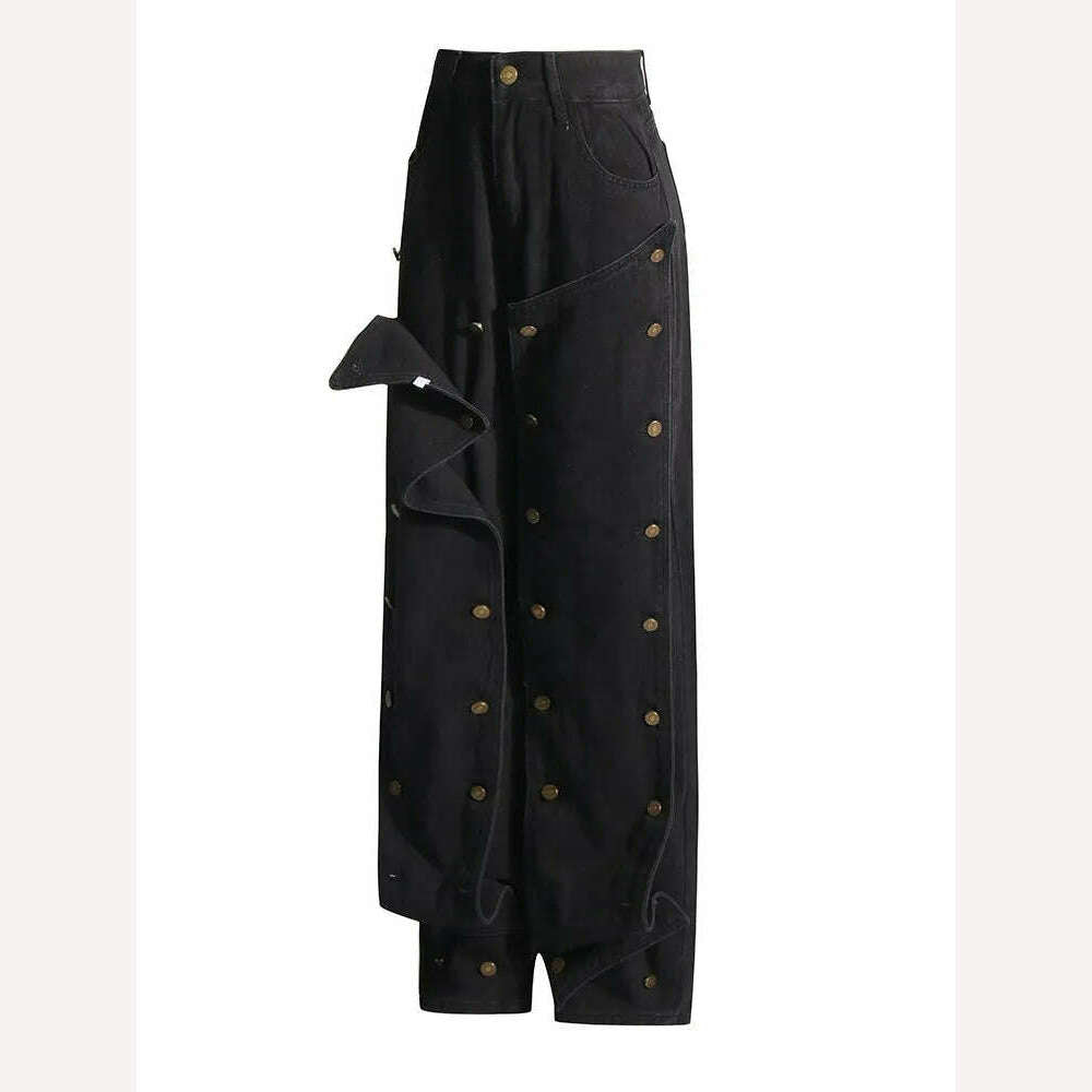 TWOTWINSTYLE Patchwork Button Detachable Denim Pant For Women High Waist Spliced Pocket Chic Straight Jeans Female Fashion New - KIMLUD