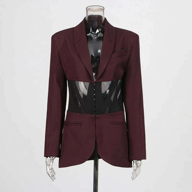 KIMLUD, TWOTWINSTYLE Patchwork Sheer Mesh Sexy Blazers For Women Notched Collar Long Sleeve Spliced Pocket Female Fashion Clothing New, KIMLUD Womens Clothes