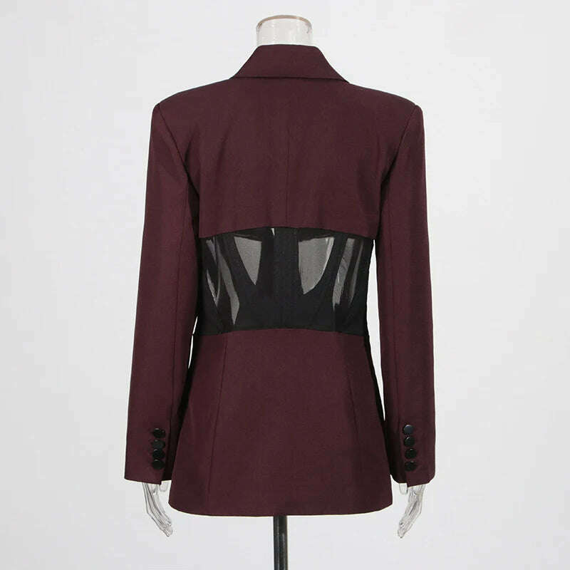 KIMLUD, TWOTWINSTYLE Patchwork Sheer Mesh Sexy Blazers For Women Notched Collar Long Sleeve Spliced Pocket Female Fashion Clothing New, KIMLUD Womens Clothes