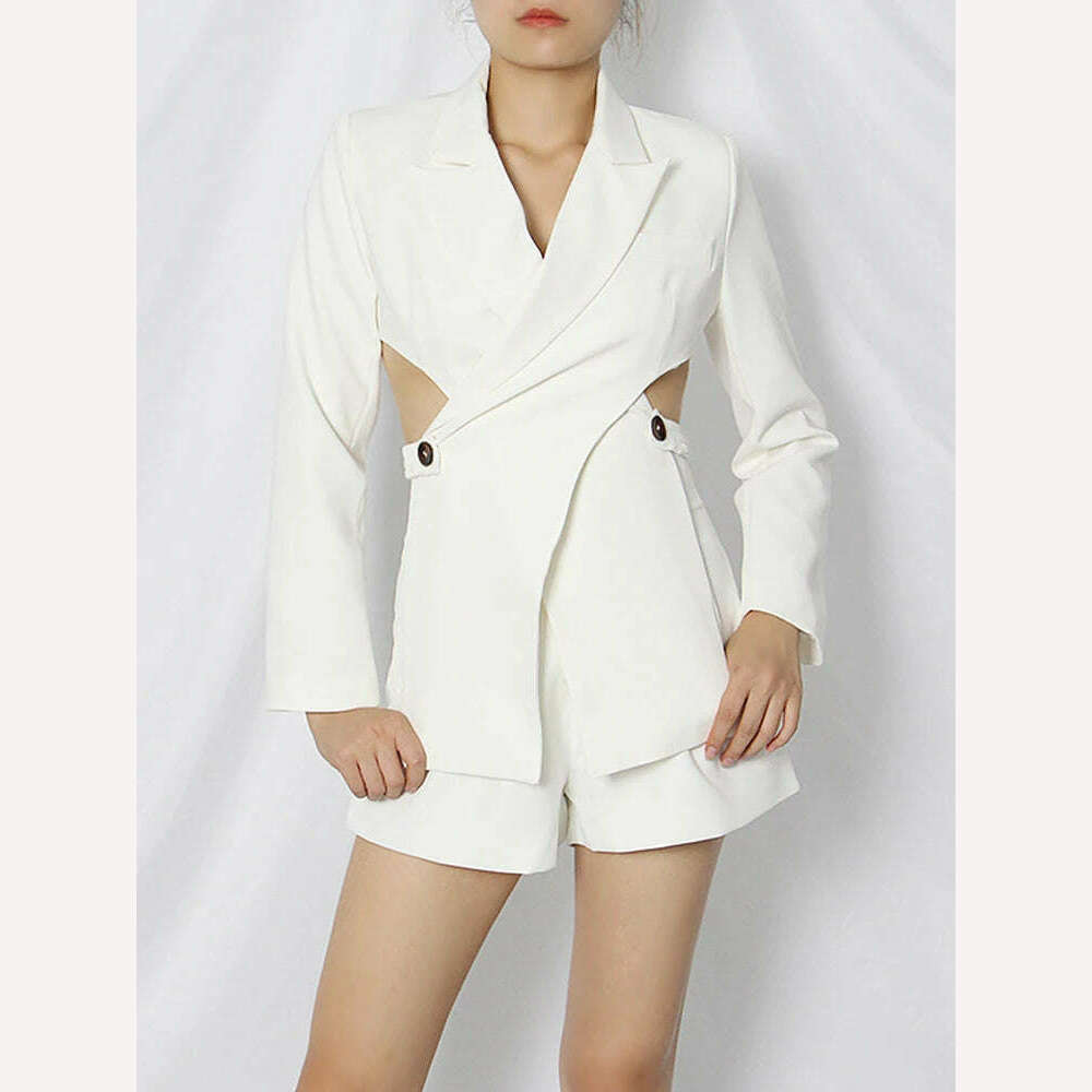 KIMLUD, TWOTWINSTYLE Sexy Hollow Out Slim Blazers For Women V Neck Long Sleeve Open Back Casual Coats Female Clothing Fashion Autumn New, white / S, KIMLUD APPAREL - Womens Clothes