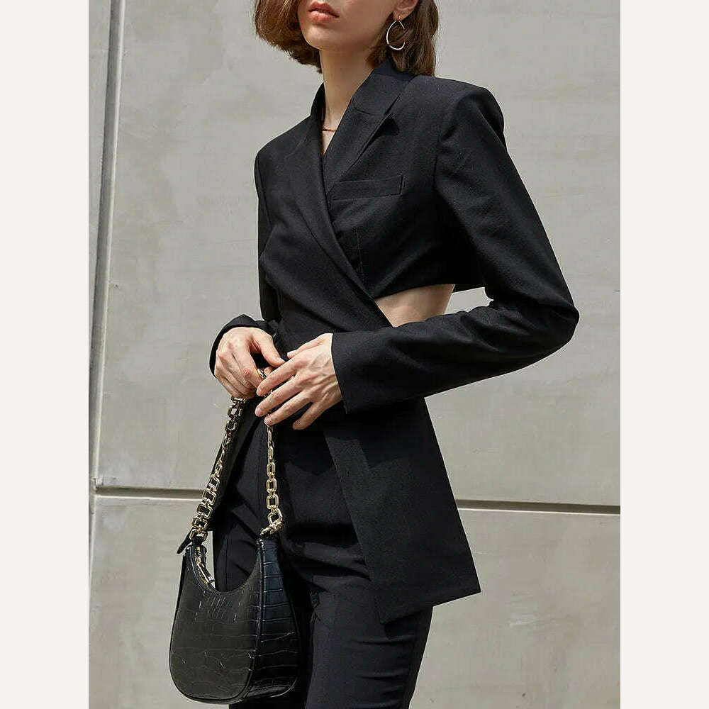 KIMLUD, TWOTWINSTYLE Sexy Hollow Out Slim Blazers For Women V Neck Long Sleeve Open Back Casual Coats Female Clothing Fashion Autumn New, KIMLUD Womens Clothes