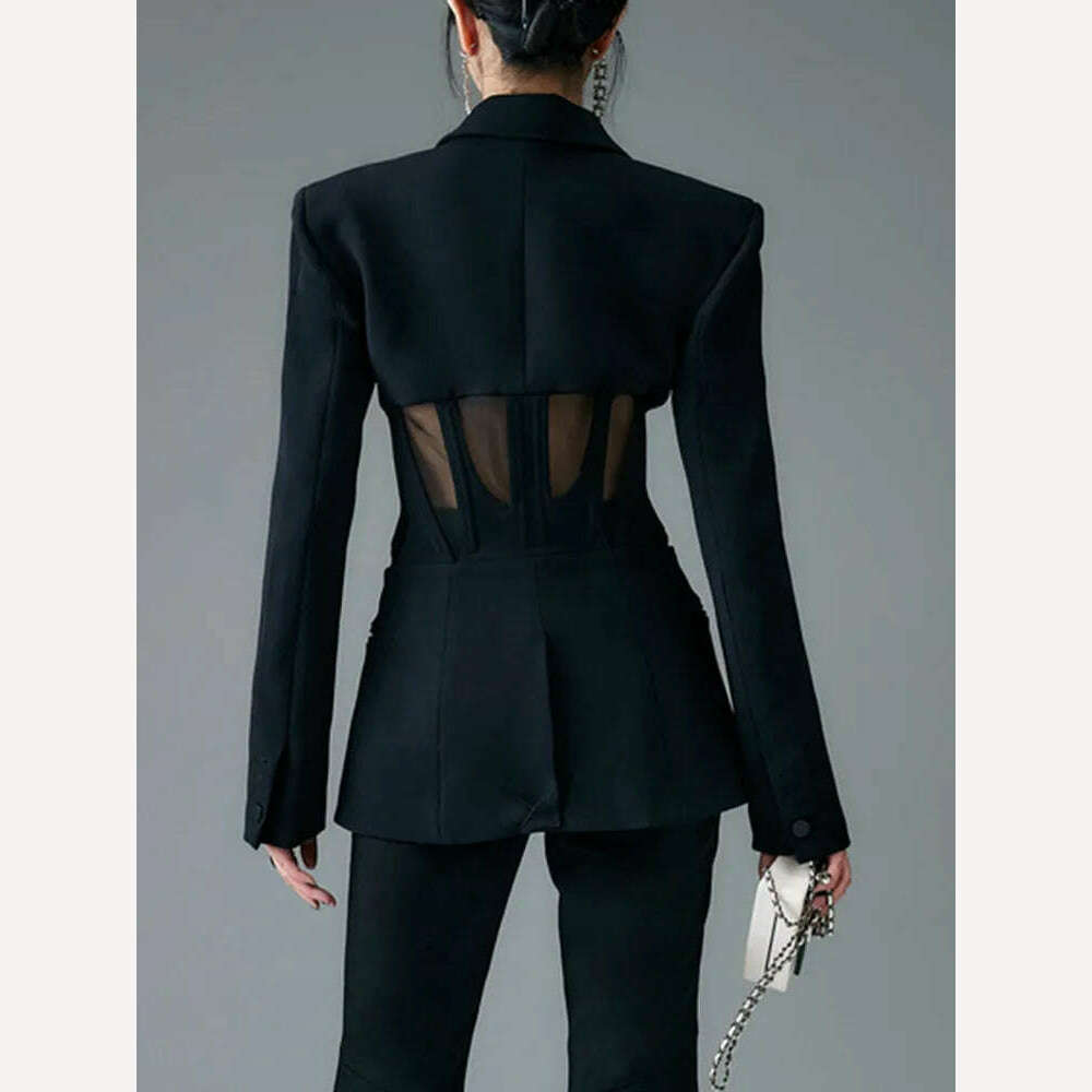 KIMLUD, TWOTWINSTYLE Solid Blazers For Women Notched Collar Long Sleeves Patchwork Mesh Slimming Sexy Blazer Female Fashion Clothes 2023, KIMLUD Womens Clothes