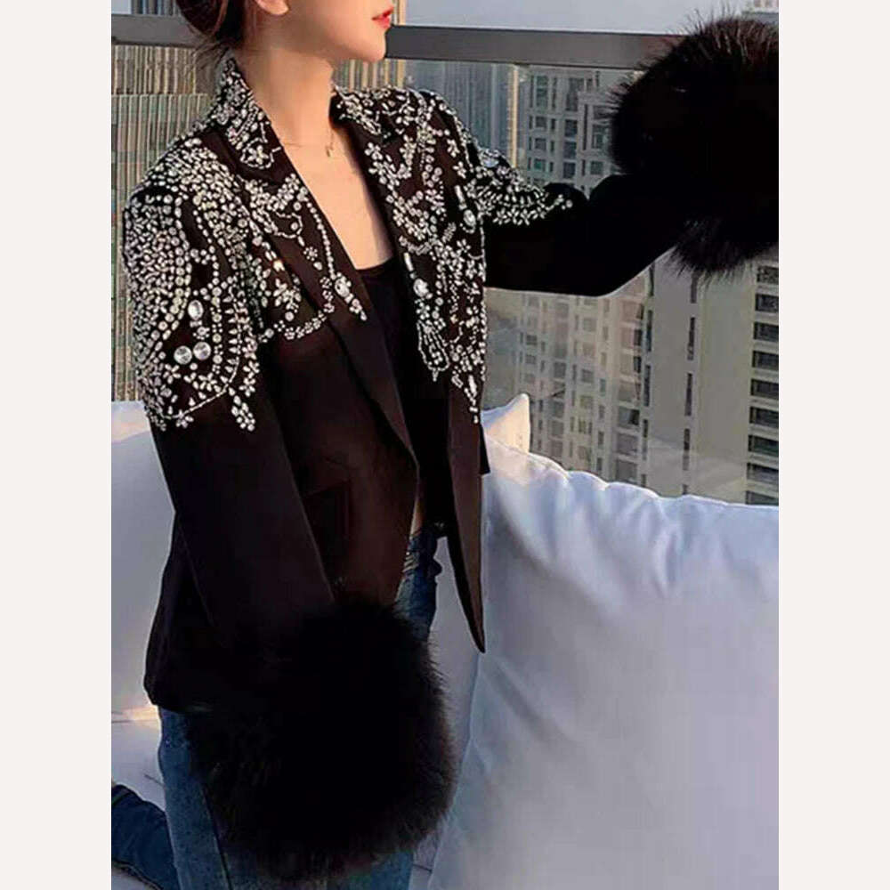 KIMLUD, TWOTWINSTYLE Solid Patchwork Diamonds Blazer For Women Notched Collar Long Sleeve Spliced Fur Chic Blazers Female Fashion New, KIMLUD Womens Clothes