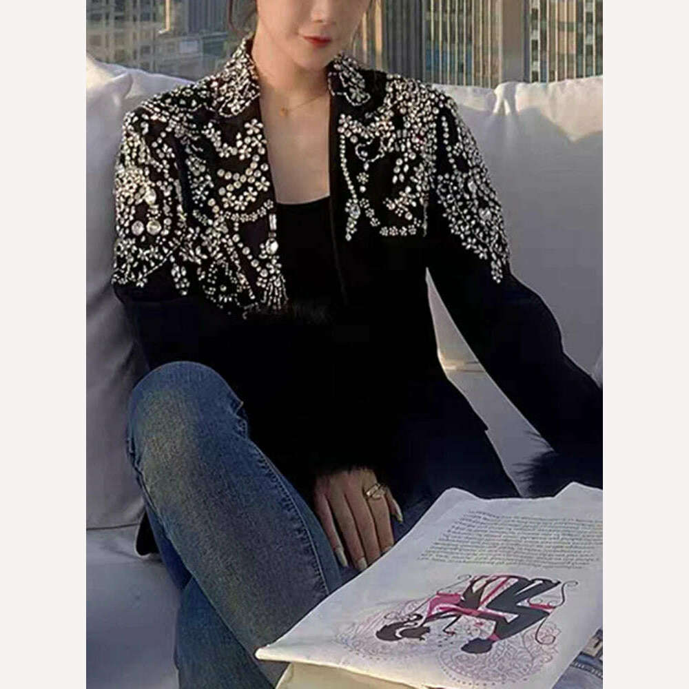 KIMLUD, TWOTWINSTYLE Solid Patchwork Diamonds Blazer For Women Notched Collar Long Sleeve Spliced Fur Chic Blazers Female Fashion New, KIMLUD Womens Clothes