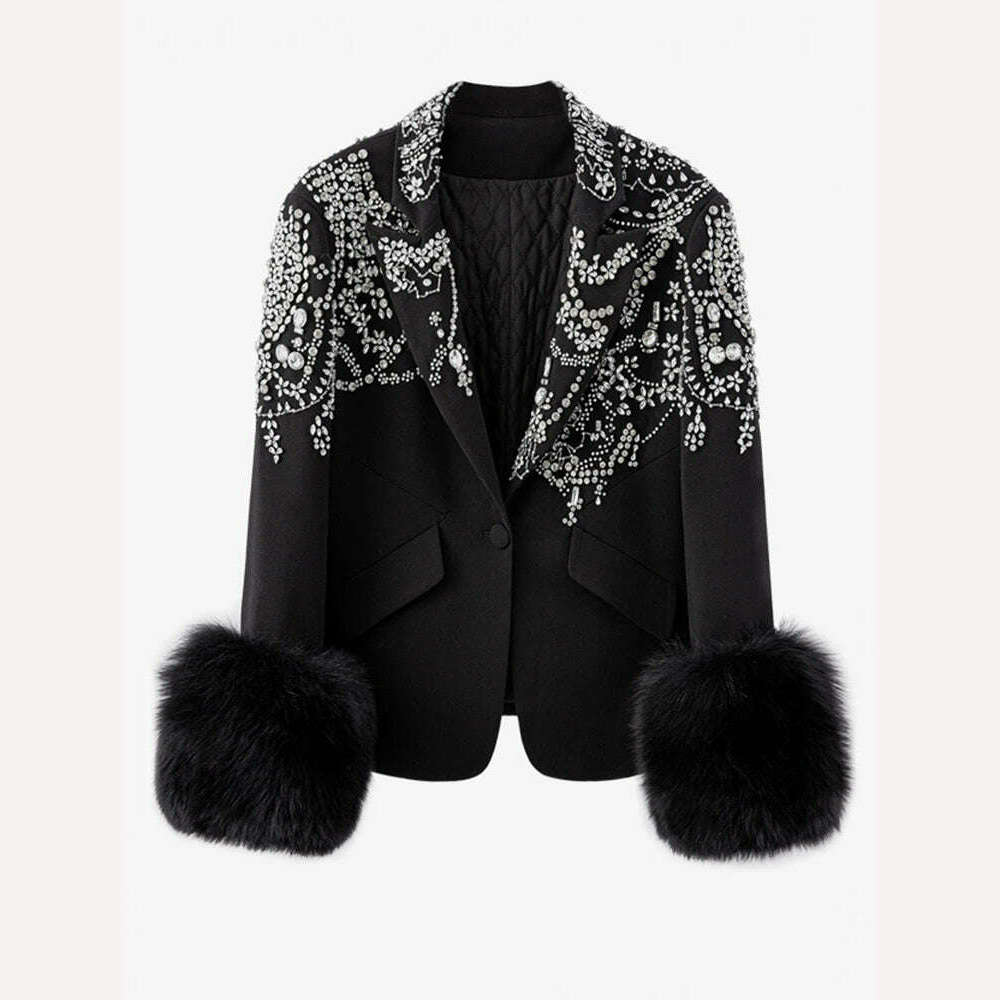 KIMLUD, TWOTWINSTYLE Solid Patchwork Diamonds Blazer For Women Notched Collar Long Sleeve Spliced Fur Chic Blazers Female Fashion New, KIMLUD Womens Clothes