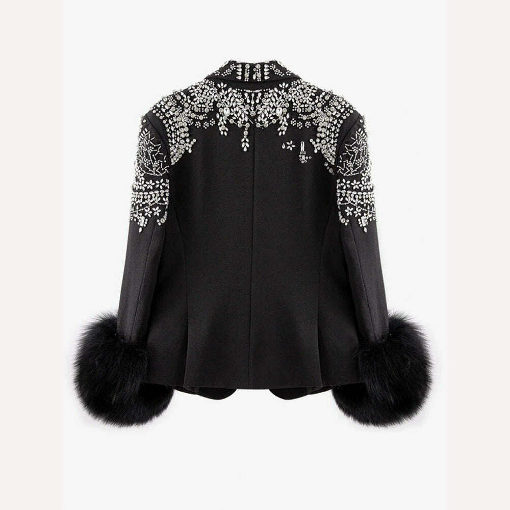 KIMLUD, TWOTWINSTYLE Solid Patchwork Diamonds Blazer For Women Notched Collar Long Sleeve Spliced Fur Chic Blazers Female Fashion New, KIMLUD Womens Clothes