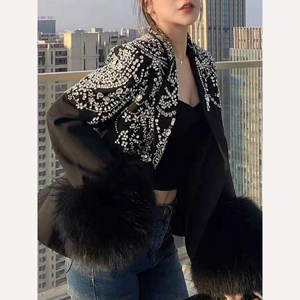 KIMLUD, TWOTWINSTYLE Solid Patchwork Diamonds Blazer For Women Notched Collar Long Sleeve Spliced Fur Chic Blazers Female Fashion New, KIMLUD Womens Clothes