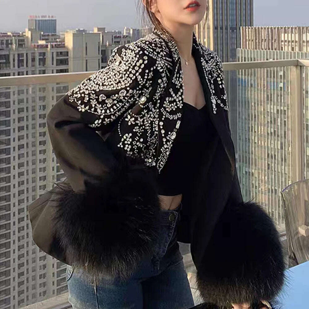 KIMLUD, TWOTWINSTYLE Solid Patchwork Diamonds Blazer For Women Notched Collar Long Sleeve Spliced Fur Chic Blazers Female Fashion New, Black / S, KIMLUD APPAREL - Womens Clothes