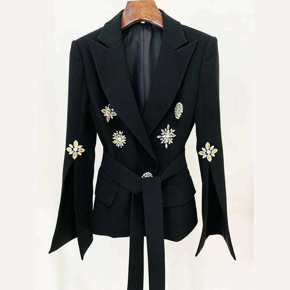 KIMLUD, TWOTWINSTYLE Solid Patchwork Diamonds Blazer For Women Notched Collar Long Sleeve Spliced Lace Up Slimming Chic Blazers Female, KIMLUD Womens Clothes