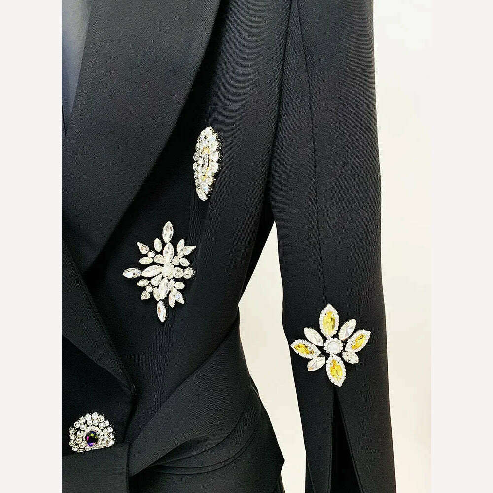 KIMLUD, TWOTWINSTYLE Solid Patchwork Diamonds Blazer For Women Notched Collar Long Sleeve Spliced Lace Up Slimming Chic Blazers Female, KIMLUD Womens Clothes