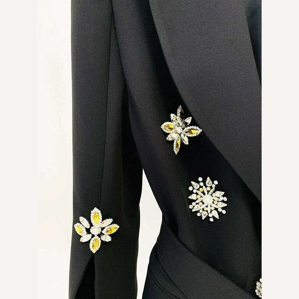 KIMLUD, TWOTWINSTYLE Solid Patchwork Diamonds Blazer For Women Notched Collar Long Sleeve Spliced Lace Up Slimming Chic Blazers Female, KIMLUD Womens Clothes