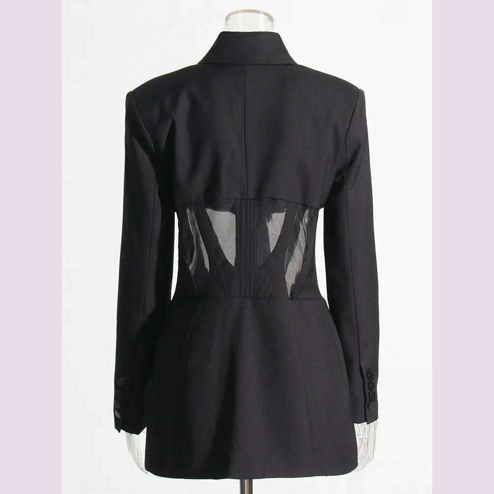 KIMLUD, TWOTWINSTYLE Solid Patchwork Mesh Slim Blazer For Women Notched Collar Long Sleeve Tunic Spliced Pocket Sexy Blazers Female New, KIMLUD Womens Clothes