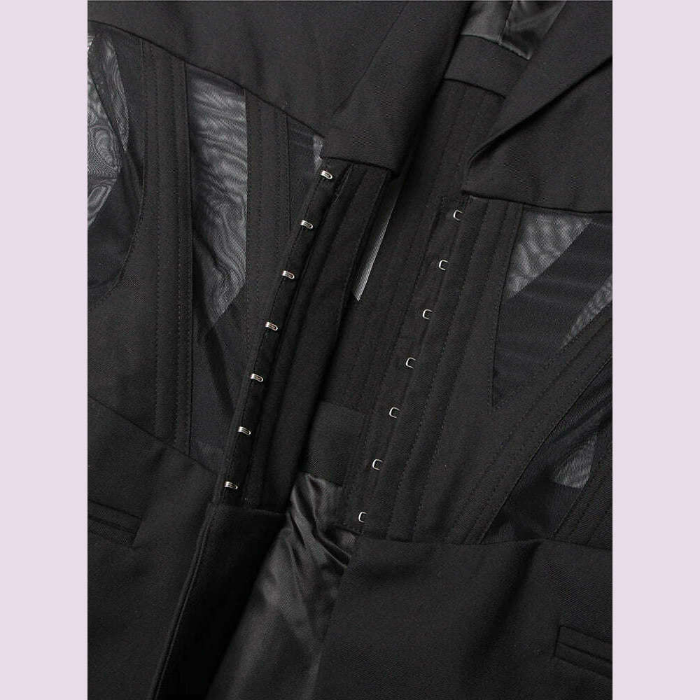 KIMLUD, TWOTWINSTYLE Solid Patchwork Mesh Slim Blazer For Women Notched Collar Long Sleeve Tunic Spliced Pocket Sexy Blazers Female New, KIMLUD Womens Clothes