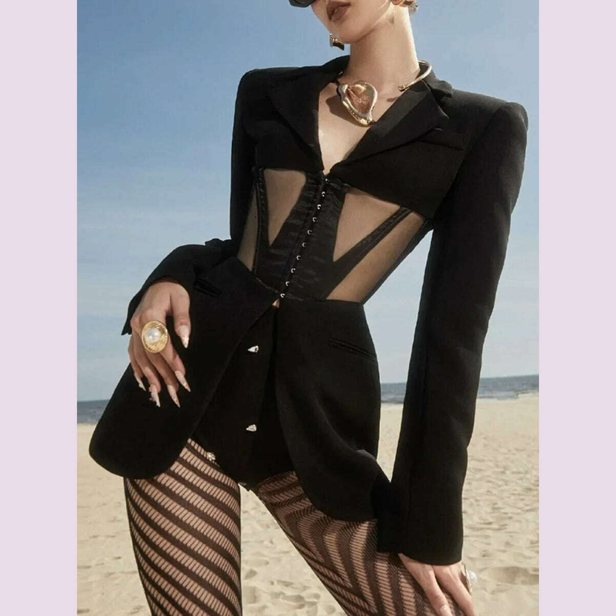 KIMLUD, TWOTWINSTYLE Solid Patchwork Mesh Slim Blazer For Women Notched Collar Long Sleeve Tunic Spliced Pocket Sexy Blazers Female New, KIMLUD Womens Clothes