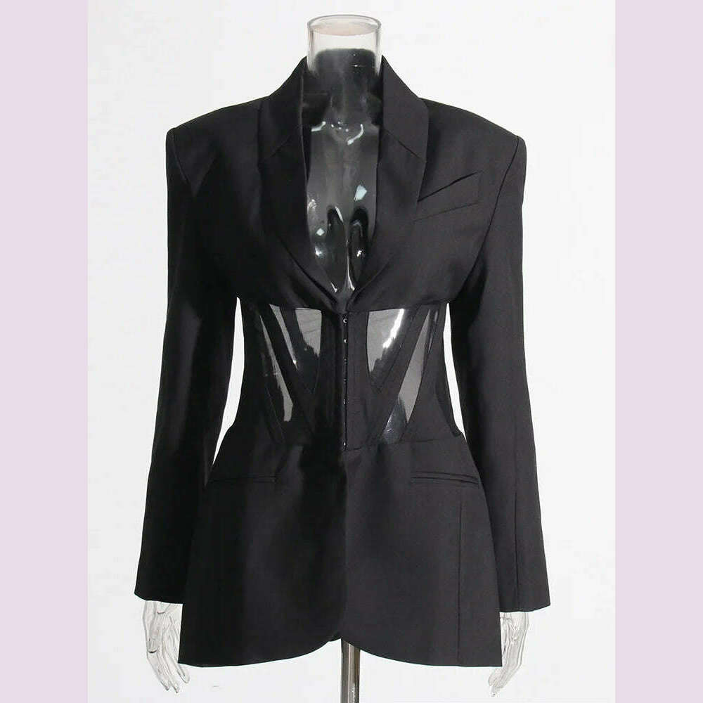 KIMLUD, TWOTWINSTYLE Solid Patchwork Mesh Slim Blazer For Women Notched Collar Long Sleeve Tunic Spliced Pocket Sexy Blazers Female New, BLACK / L, KIMLUD APPAREL - Womens Clothes