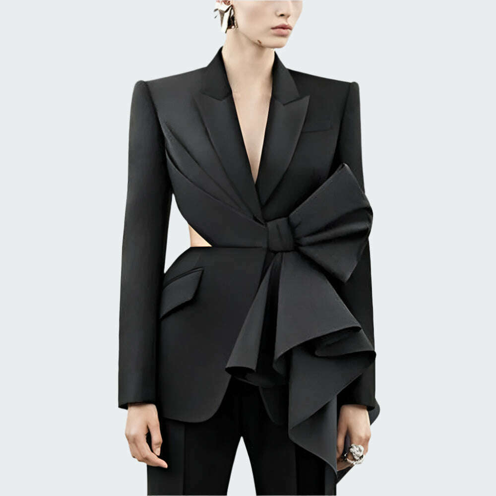 KIMLUD, TWOTWINSTYLE Solid Spliced Bowknot Hollow Out Blazer For Women Notched Collar Long Sleeve Tunic Temperament Blazers Female New, KIMLUD Womens Clothes