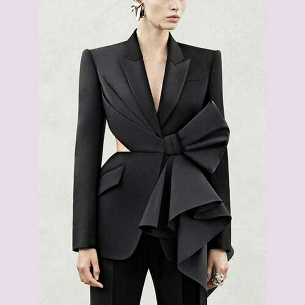 KIMLUD, TWOTWINSTYLE Solid Spliced Bowknot Hollow Out Blazer For Women Notched Collar Long Sleeve Tunic Temperament Blazers Female New, BLACK / S, KIMLUD APPAREL - Womens Clothes