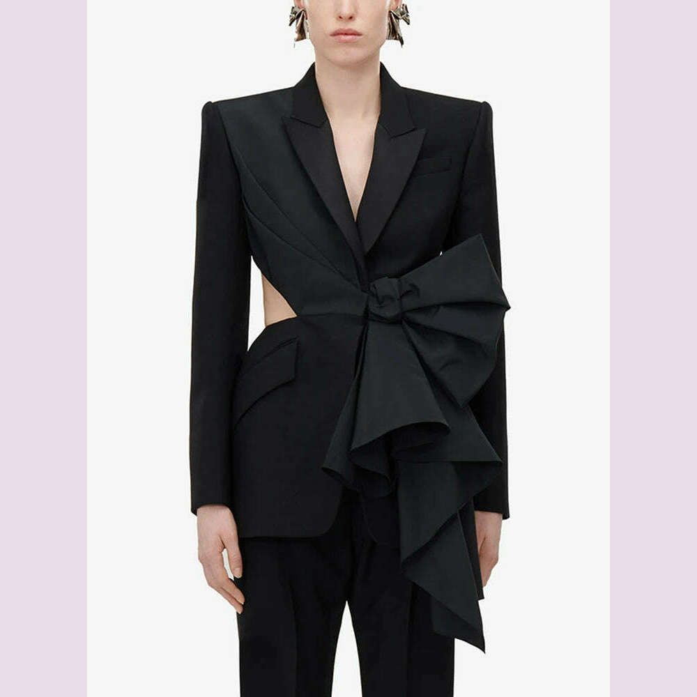 KIMLUD, TWOTWINSTYLE Solid Spliced Bowknot Hollow Out Blazer For Women Notched Collar Long Sleeve Tunic Temperament Blazers Female New, KIMLUD Womens Clothes