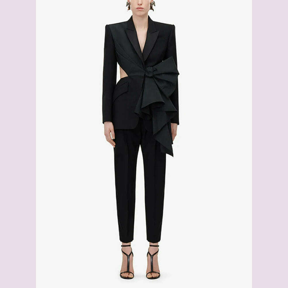 KIMLUD, TWOTWINSTYLE Solid Spliced Bowknot Hollow Out Blazer For Women Notched Collar Long Sleeve Tunic Temperament Blazers Female New, KIMLUD Womens Clothes