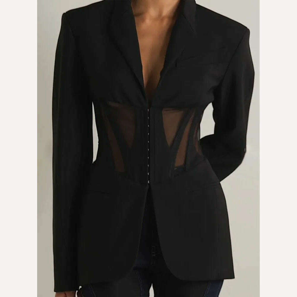 KIMLUD, TWOTWINSTYLE Solid Spliced Sheer Mesh Blazers For Women Notched Collar Long Sleeve Tunic Patchwork Botton Blazer Female Fashion, Black / S, KIMLUD APPAREL - Womens Clothes