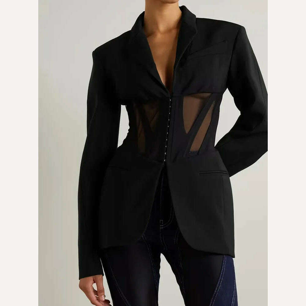 KIMLUD, TWOTWINSTYLE Solid Spliced Sheer Mesh Blazers For Women Notched Collar Long Sleeve Tunic Patchwork Botton Blazer Female Fashion, KIMLUD Womens Clothes