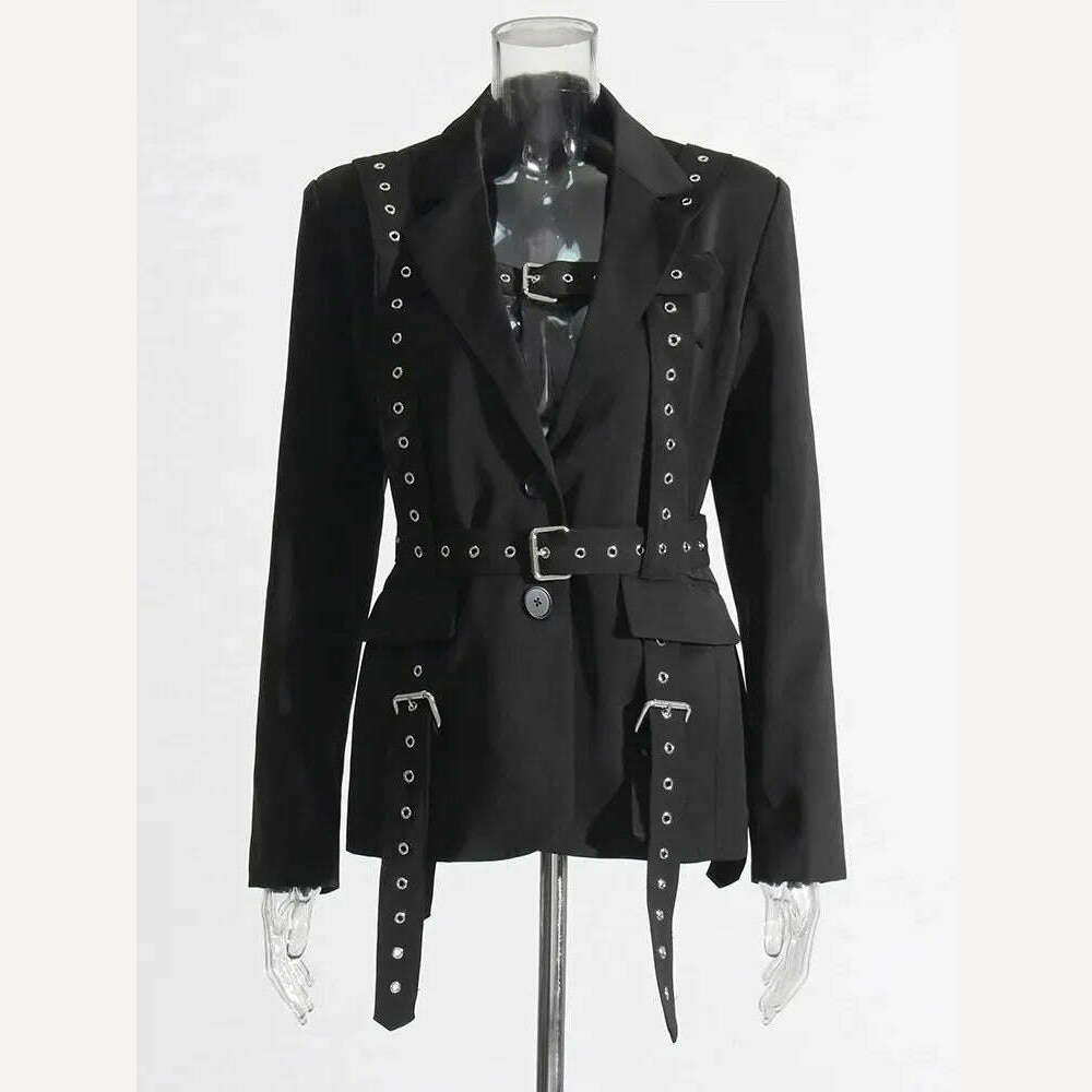 KIMLUD, TWOTWINSTYLE Streetwear Patchwork Metal Buckle Blazers For Women Notched Collar Long Sleeve Solid Loose Blazer Female Fashion, KIMLUD Womens Clothes
