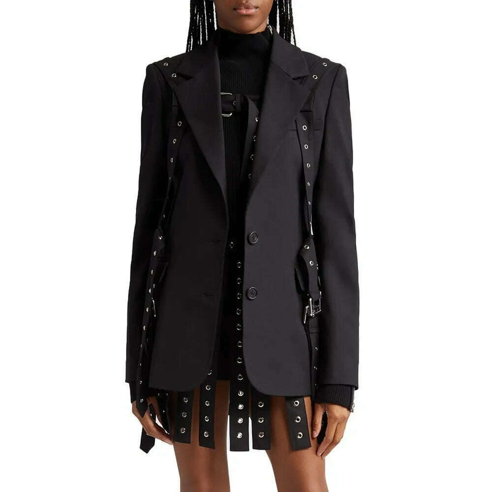 KIMLUD, TWOTWINSTYLE Streetwear Patchwork Metal Buckle Blazers For Women Notched Collar Long Sleeve Solid Loose Blazer Female Fashion, Black Blazer / S, KIMLUD APPAREL - Womens Clothes