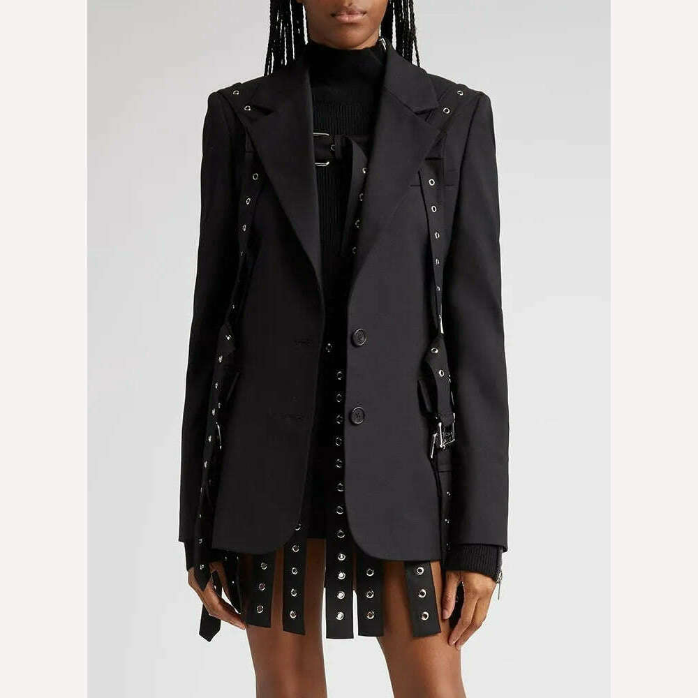 KIMLUD, TWOTWINSTYLE Streetwear Patchwork Metal Buckle Blazers For Women Notched Collar Long Sleeve Solid Loose Blazer Female Fashion, KIMLUD Womens Clothes