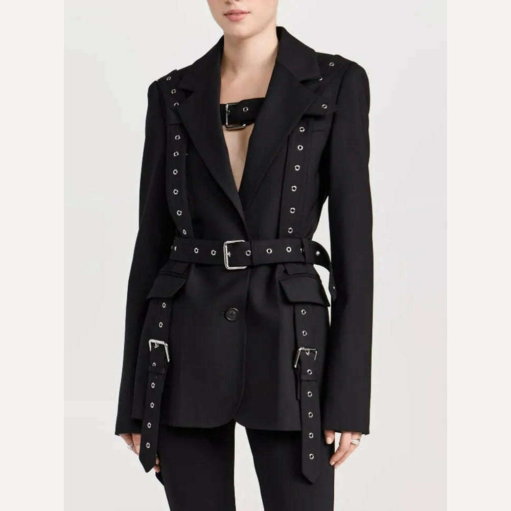 KIMLUD, TWOTWINSTYLE Streetwear Patchwork Metal Buckle Blazers For Women Notched Collar Long Sleeve Solid Loose Blazer Female Fashion, KIMLUD Womens Clothes