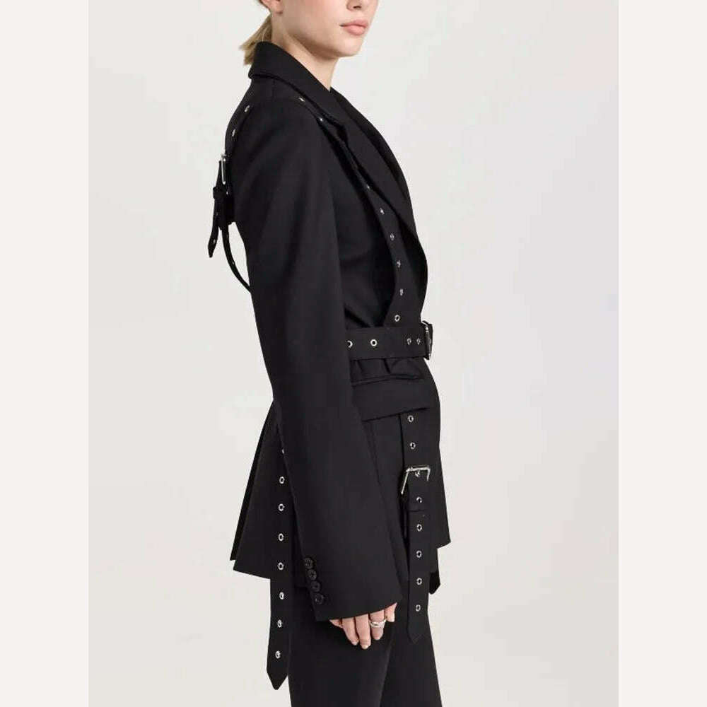 KIMLUD, TWOTWINSTYLE Streetwear Patchwork Metal Buckle Blazers For Women Notched Collar Long Sleeve Solid Loose Blazer Female Fashion, KIMLUD Womens Clothes