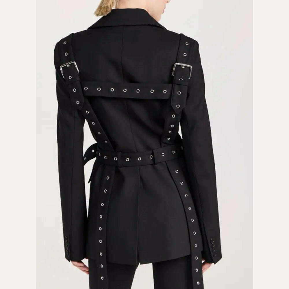 KIMLUD, TWOTWINSTYLE Streetwear Patchwork Metal Buckle Blazers For Women Notched Collar Long Sleeve Solid Loose Blazer Female Fashion, KIMLUD Womens Clothes