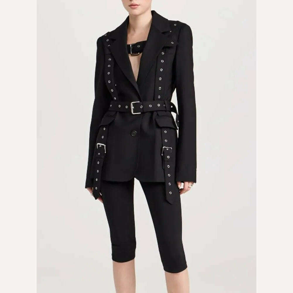 KIMLUD, TWOTWINSTYLE Streetwear Patchwork Metal Buckle Blazers For Women Notched Collar Long Sleeve Solid Loose Blazer Female Fashion, KIMLUD Womens Clothes