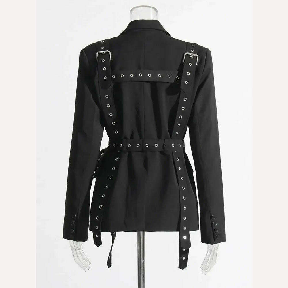 KIMLUD, TWOTWINSTYLE Streetwear Patchwork Metal Buckle Blazers For Women Notched Collar Long Sleeve Solid Loose Blazer Female Fashion, KIMLUD Womens Clothes