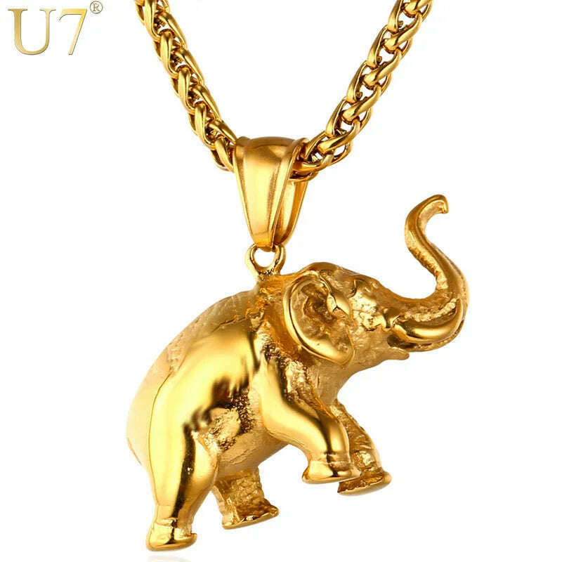 U7 Stainless Steel Gold Color Trendy Elephant Charm Pendant Necklace for Man Thick Chain Animal Lucky Jewelry Gift P755 - KIMLUD